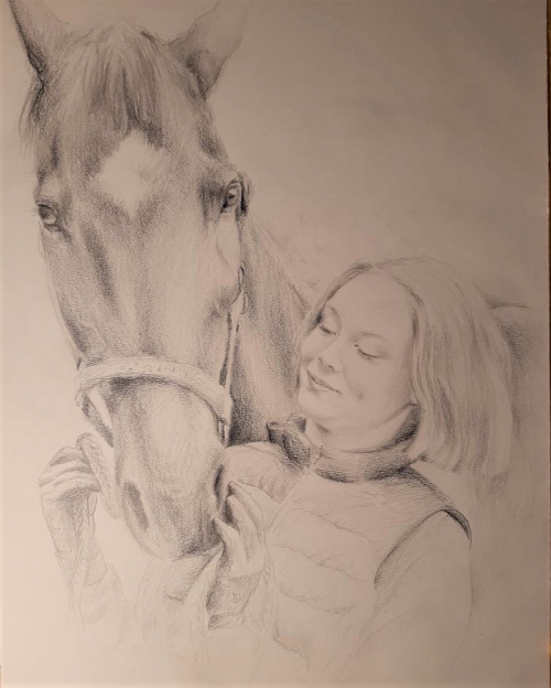 portret kobiety z koniem, format A3, ołówek