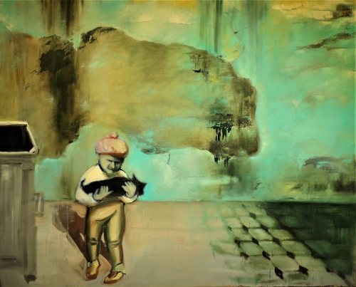 "Chłopiec z psem", olej na płótnie, 185/150 cm